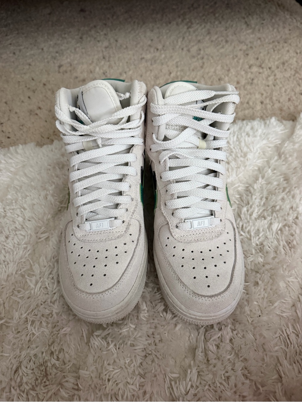 Nike AF1 White High-Top Sneakers with Green Swoosh